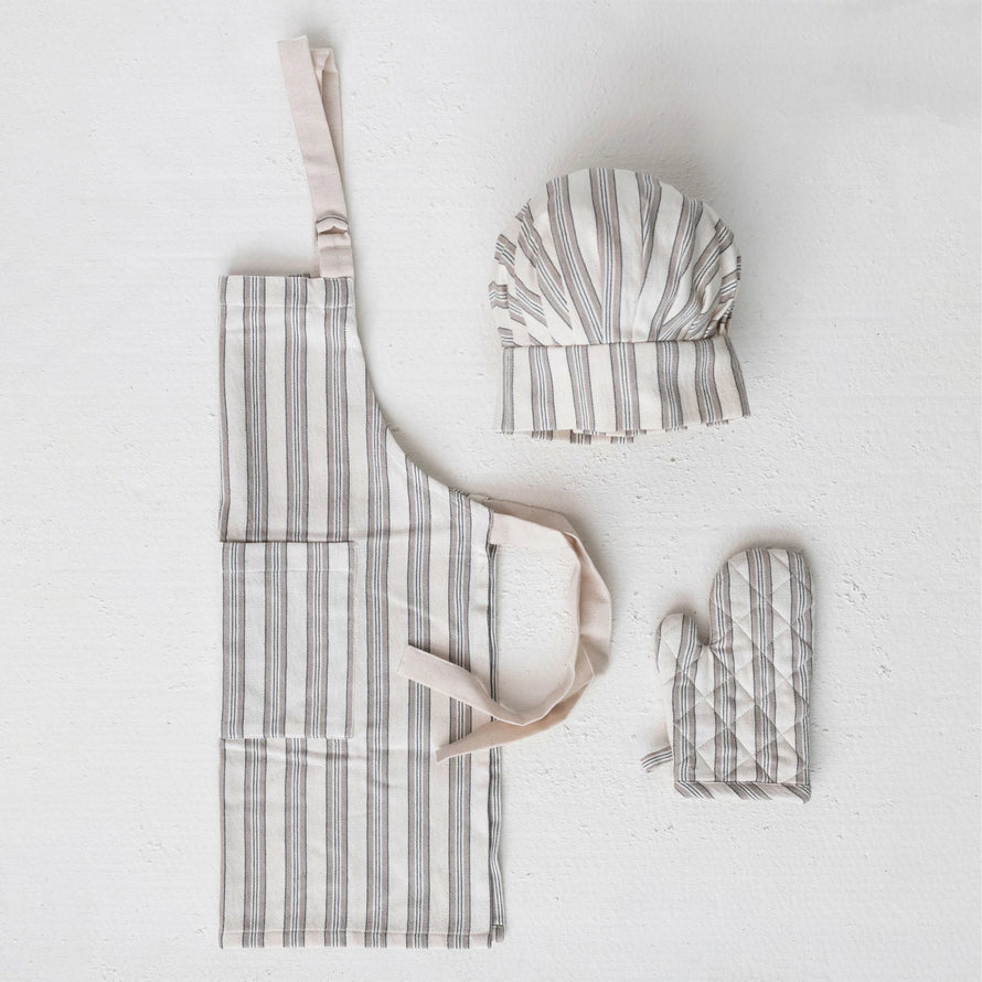 Cotton Child Apron w/ Chef Hat, Oven Mitt & Stripes, Set of 3