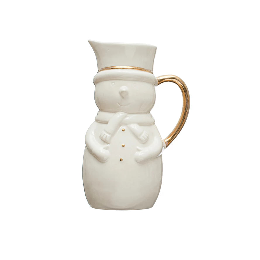 Stoneware Snowman Creamer w/gold Electroplate